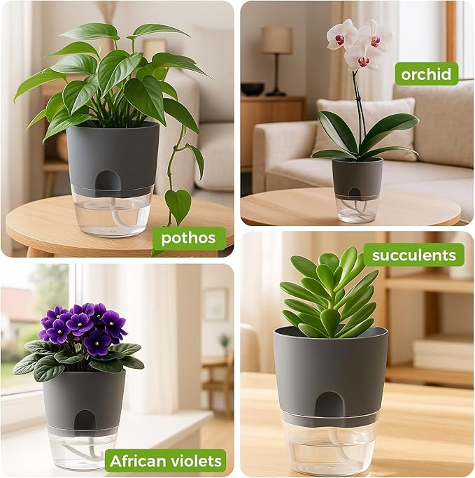 Planterhoma 8 Pack Self Watering Pots for Indoor Plants, 4 Inch Plant Pot Plastic Self Watering Planter for Orchid, African Violet, Small Clear Flower Pots with Drainage Holes and Wicking Rope, Grey