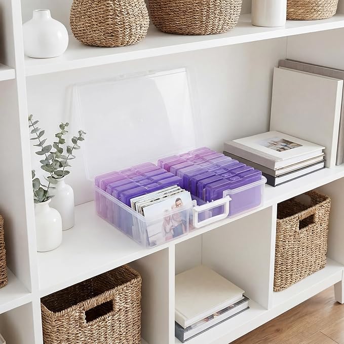 novelinks Transparent 4" x 6" Photo Cases and Clear Craft Keeper with Handle, 16 Inner Photo Organizers & Photo Storage Box, Plastic Photo Storage Containers (Purple Gradient)