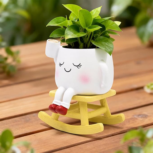 Smily Face Rocking Chair Planter -Cute Resin Book Coffee Succulents Plant Pots with Drainage Hole for Indoor Outdoor Garden, Gift IdeaI for Mother Appreciation Christmas (White)