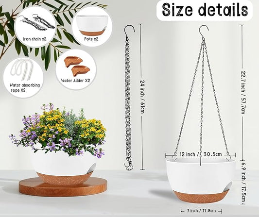 2 Pack 12 Inch Self Watering Hanging Planters for Indoor Plants, Large White Brown Plastic Hanging Pots with Chains for Outdoor Patio Garden Home Decor White Brown