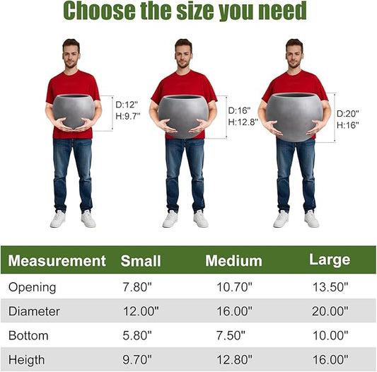 16" Diameter 12" Pot Opening Modern Round Fiberstone Planter with Drainage Hole& Rubber Plug, Indoor/Outdoor Plant Pot for Home Patio Garden, Ideal for Artificial Plants- Medium, Grey