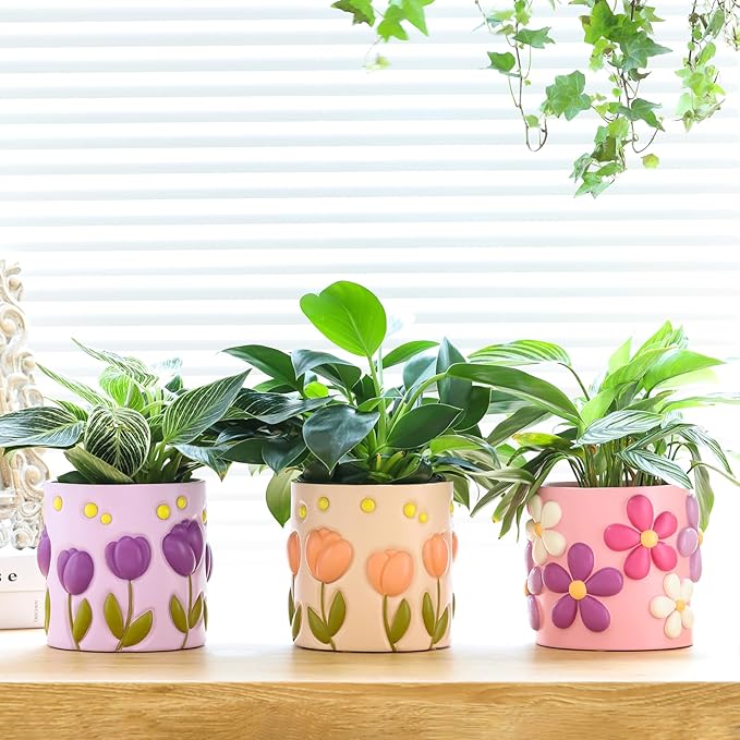GUGUGO Colorful Flowers Planters Cute Unique Rainbow Planter with Drainage, Vintage Retro Flower Plant pots for Indoor & Outdoor Plants, Eclectic Succulent Gardening Pot for Boho Modern Home Décor-D