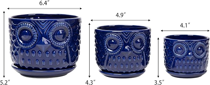 Ceramic Flower Pots, Ceramic Planters with Drainage Hole and Saucer, Modern Round Indoor Succulent Planters with Owl Design, Small to Medium-Sized, Set of 3, Navy Blue