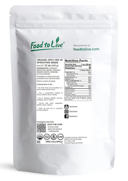Food to Live Organic Spicy Mix of Sprouting Seeds, 12 Ounces — Non-GMO Broccoli, Radish, Alfalfa, Raw, Rich Germination Rate, Non-Irradiated, Pure, Kosher, Vegan Superfood, Bulk, Rich in Sulforaphane