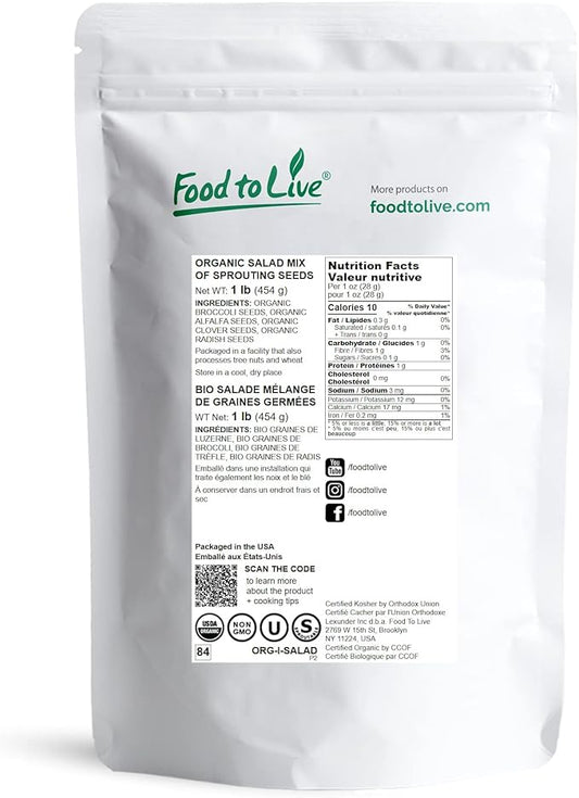 Food to Live Organic Salad Mix of Sprouting Seeds, 1 Pound – Non-GMO Broccoli, Radish, Clover, Alfalfa. Rich Germination Rate, Non-Irradiated, Kosher, Vegan Superfood, Bulk, Rich in Sulforaphane