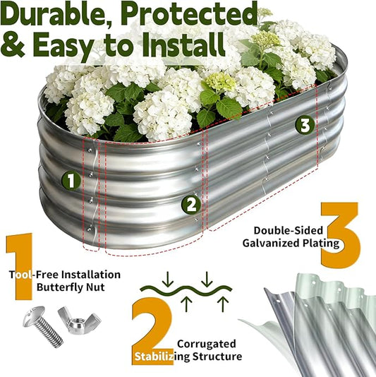 Galvanized Raised Garden Bed Outdoor, Large Raised Bed for Gardening, 2Pcs 4x2x1ft Oval Metal Planter Box for Vegetables, Fruits, Flowers, Silver