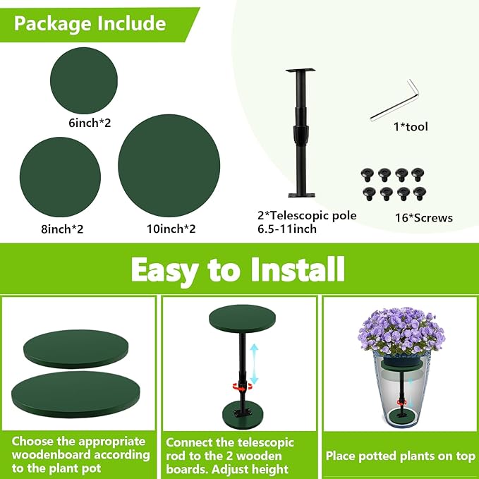 2 Pack Adjustable Height Plant Risers for Inside Pots, 7.5-12" Planter Inserts for Large Pots, Pot Fillers for Tall Square Round Taper Planters (6" 8" 10" Base or Top)