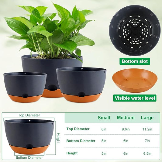 12/10/8/8 Inch Pots for Plants, 4 Pack Large Self Watering Pots for Indoor Plants with Drainage and Saucers, Plastic Outdoor Flower Pot(Grey)
