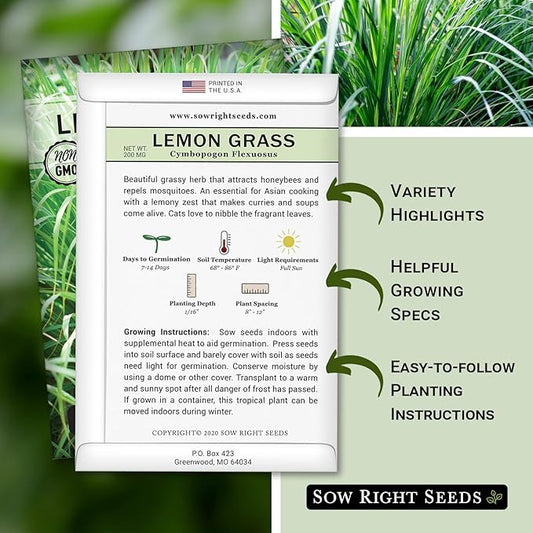 Sow Right Seeds - Lemon Grass Seed for Planting - Non-GMO Heirloom Packet with Instructions for Easy Planting and Growing an Herb Garden - Indoor or Outdoors - Delicious Culinary Herb (3)
