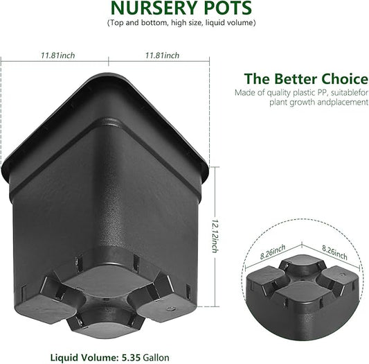 10-Pack 5 Gallon Square Planter Nursery Pots, Flower Plant Container Injection Molded Plastic Nursery Pots Gardening Pots for Indoor Outdoor Vegetables, Succulents, Black