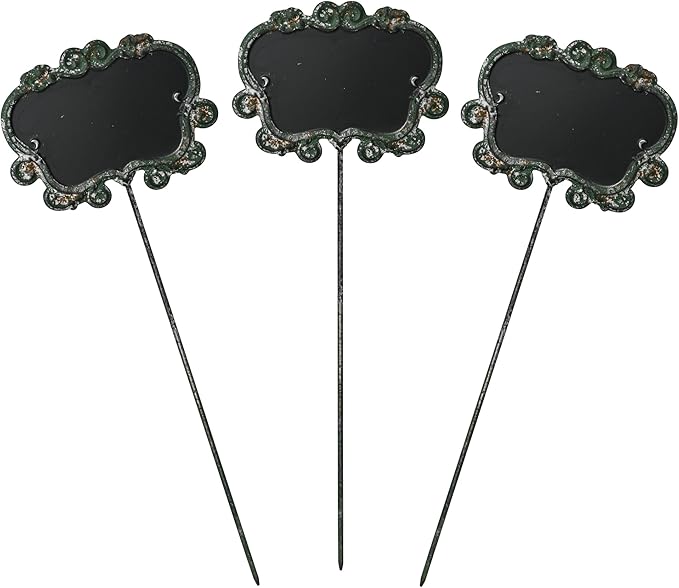 Set of 3 Vintage Green Metal Garden Markers with Chalkboard - Rustic Plant Labels for Indoor/Outdoor Flower Beds, Vegetable Gardens