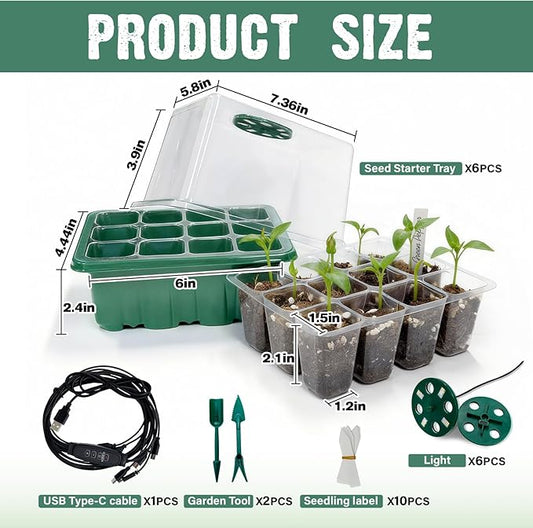 6 Pack Seed Starter Kit with Grow Light 72 Cells Plant Starter Trays with 3.9 Inch Adjustable Humidity Dome Reusable Indoor Plant Germination Tray for Gardening