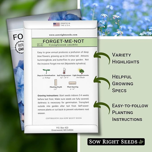 Sow Right Seeds - Forget-Me-Not Flower Seeds for Planting (Cynoglossum amabile) - Non-GMO Heirloom Packet with Instructions - Great to Pair with Cards of Remembrance - Small Blue Memory Blooms (25)