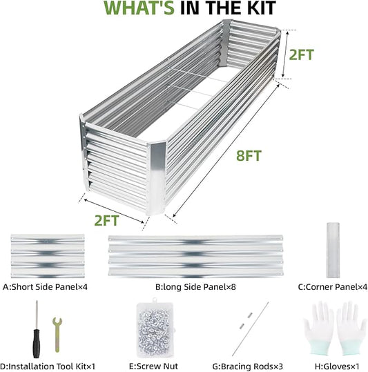 8x2x2ft Raised Garden Bed - Galvanized Deep Root Planter Boxes Outdoor with Wing Nuts and Safety Edges for Gardening Vegetables, Flowers, Herbs, Succulents - Silver