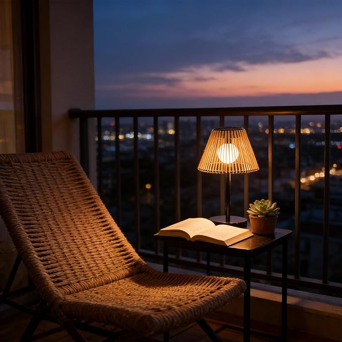 Solar Powered Table Lamp, Rattan Wicker Shade, Khaki Color, PP and Iron Material, Garden Courtyard Lawn Decor, 8.66 x 15.94 Inches