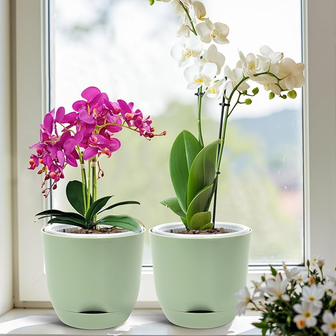 QCQHDU 2 Pack 7.2 Inch Orchid Pots with Holes for Repotting, Double-Layer and Self Watering Orchid Pot with Good Air Circulation