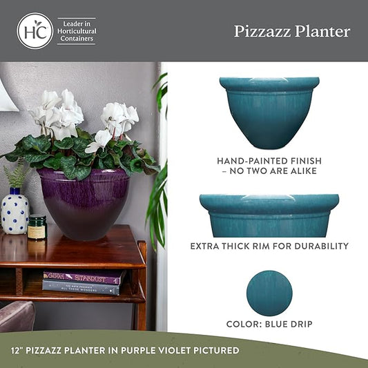 The HC Companies 12 Inch Pizzazz Round Planter Pots with Ceramic Look, Lightweight UV-Resistant Plastic Indoor & Outdoor Planters, 2-Pack Flower Pots for Garden & Home Decor, Blue Drip