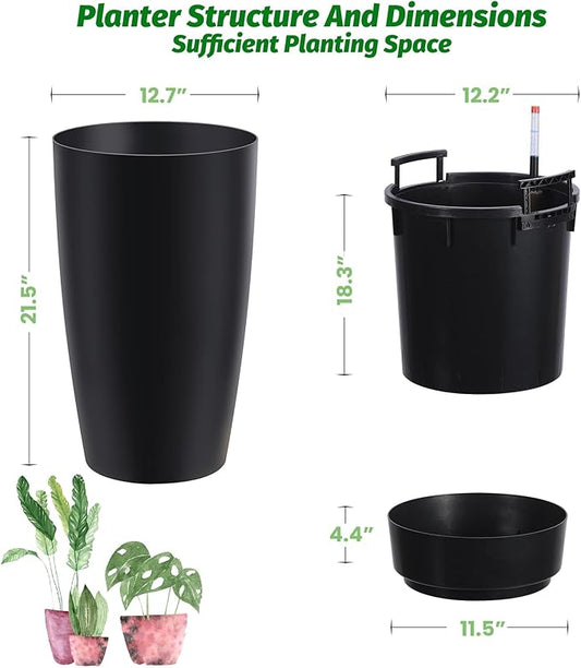 GarveeLife Set of 2 Tall Planters for Outdoor Plants, 22 in Large Planters for Outdoor Indoor Plants with Water Level Monitor & Inner Bucket, Automatic Watering, for Porch, Patio, Backyard, Black