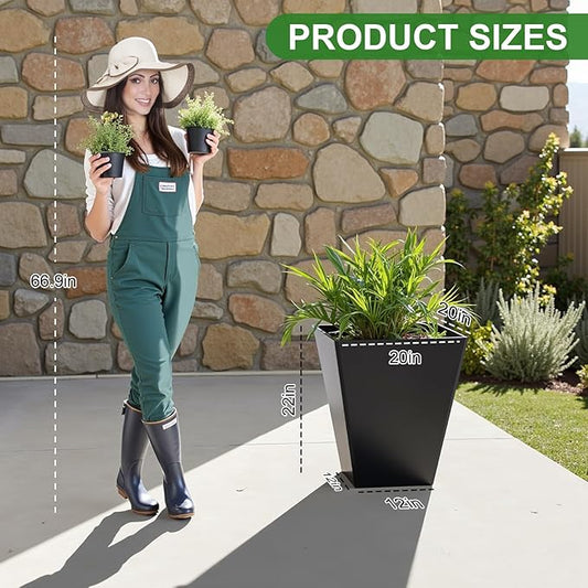 14 Inch Black Tall Planters for Outdoor Plants, Large Metal Taper Plant Pot with Drainage Hole for Garden Patio Front Door