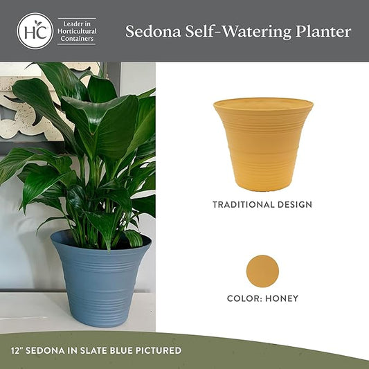 The HC Companies 14 Inch Sedona Round Self Watering Planter Pots, Lightweight UV-Resistant Plastic Indoor & Outdoor Planters, 2-Pack Flower Pots for Garden & Home Decor, Honey