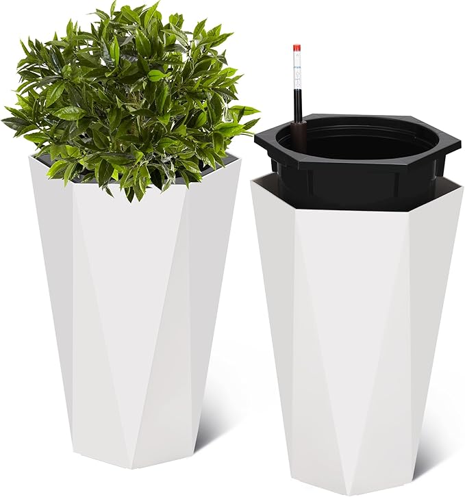 GarveeLife 22.5 in Tall Diamond Planters Set of 2, Self Watering Planters with Water Level Monitor, Flower Pots Outdoor and Indoor for Patio, Porch, Living Room, Home Office, White