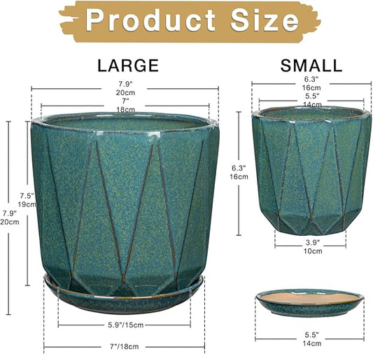 Oairse Ceramic Pots for Plants, 8+6 inch Plant Pots with Drainages Holes & Saucers Large Greyish Turquoise Ceramic Planters Decorative Flower Pot for Indoor Plants Outdoor Inoor