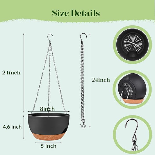 Set of 2-8 Inch Self Watering Hanging Planters for Indoor Outdoor,Hanging Plant Pots with Drainage & Removable Tray, Hanging Pots Holder for Ivy, Pothos, Ferns, Balcony & Patio, Black Brown
