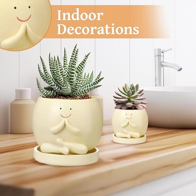 2 Pcs Smile Face Planters Pots with Drainage Hole, 6'' Head Planters 3.6'' Cute Resin Flower Pot for Indoor Plants, Succulent Pots for Plant Lover Gift(Yoga)