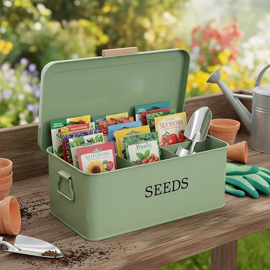 Seed Storage Organizer,Metal Seed Saving Box with Lid,4 Compartments Box with Safety Locks,Garden Supplies Container with 20 Plant Labels 50 Saving Envelopes 2 Marker Pens,Green