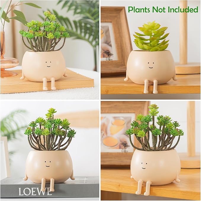 Face Plant Pots, Succulent Pots, 4.7 Inch Head Planters for Indoor, Cute Resin Flower Pot with Drainage Hole, Unique Cactus Planter, Small Planter Pot for Mini Plants (1 Pack)