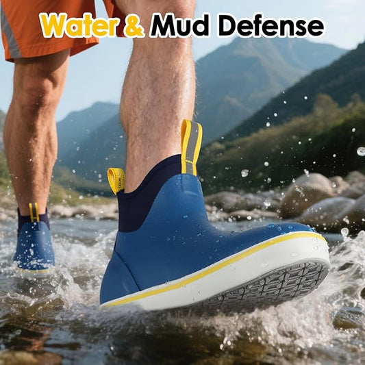 Kalkal Men's Deck Boots, Waterproof Fishing Rain Boots with High Traction, Men's Rubber Boots For Gardening Fishing Boating Camping Sailing