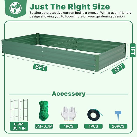 ONCEMORE Galvanized Raised Garden Bed for Vegetables Flowers Herbs, Metal Raised Garden Bed Kit with 2 PCS Tomato Cage, Gloves, Trellis Netting, Plant Labels, Plant Ties, Green 6×3×1FT