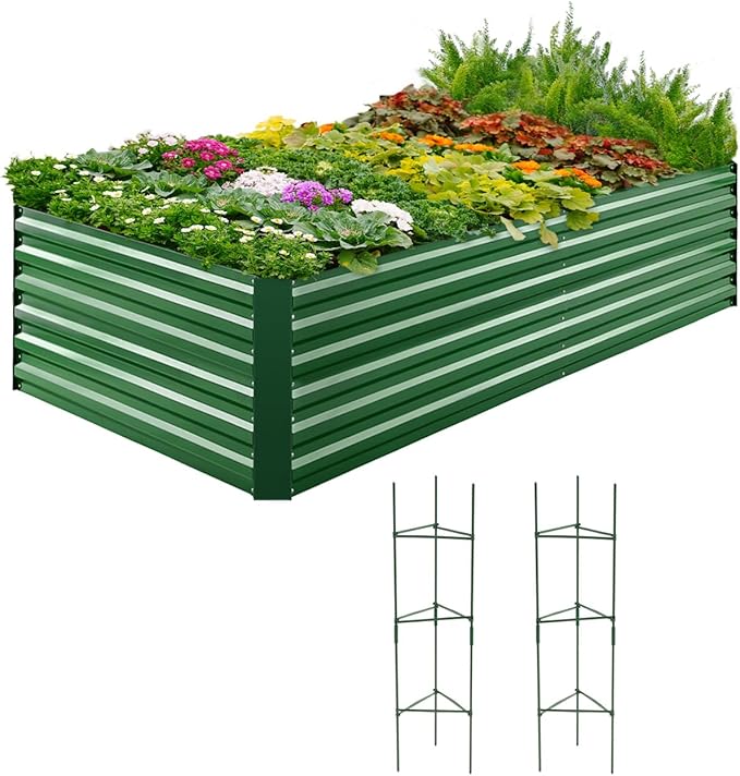 Quictent Galvanized Raised Garden Bed Metal Planter Box Bottomless for Backyard Outdoor, Include 1 pc Tomato Cage, Dark Green, 6x3x2 Ft