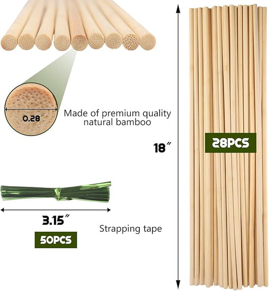 28 PCS Bamboo Plant Stakes, 18 Inches Wooden Plant Stakes for Indoor Plants, Gardening Floral Potted Plant Support Stakes with Strapping Tapes