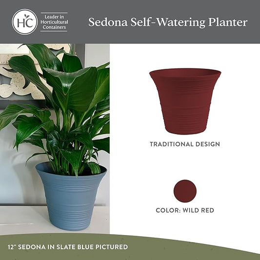 The HC Companies 12 Inch Sedona Round Self Watering Planter Pots, Lightweight UV-Resistant Plastic Indoor & Outdoor Planters, 2-Pack Flower Pots for Garden & Home Decor, Wild Red
