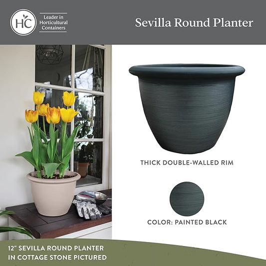 The HC Companies Sevilla Flower Planters - Durable Outdoor & Indoor Planter - Round Lightweight Self Watering Plant Pots for Herbs & More (12" Painted Black, Pack of 1)