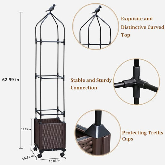 Sunnyglade 2 PCS Raised Garden Bed Planter Box with Trellis, 63" Tall Outdoor Tomato Planters for Climbing Vegetables Flowers Vine Plants, Tomato Cage with Wheels (2)