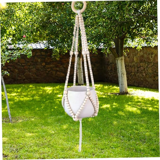 Wood Bead Plant Hanger Hanging Planter Basket Flower Pot Holders for Indoor Outdoor (No Pot) Home Indoor Accessory