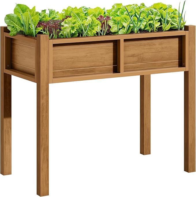 DWVO Raised Garden Bed HDPE with Legs Poly-Wood Weatherproof Elevated Planter Box Outdoor with Drainage System Patio Planters for Herbs Vegetables Flowers Plant Bed for Garden Balcony Backyard, Teak