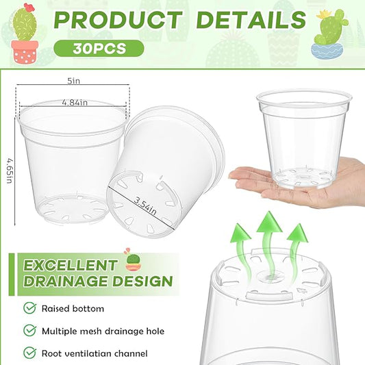 Yaomiao 30 Pcs 5 Inch Clear Mini Plastic Plant Pot Nursery Seedling Pots Seed Starter with Drainage Holes for Indoor Outdoor Garden Succulent Plants Cuttings Transplanting