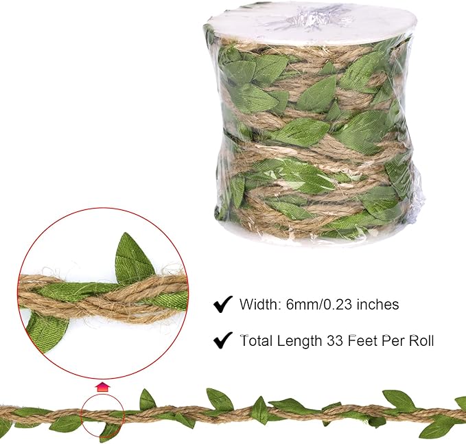 Natural Jute Twine with Green Leaf Ribbon – 33ft Decorative Vine Rope for Gardening, Plant Hanging, Crafts, Gift Wrapping, and DIY Projects (Jute Twine + Dark Green)