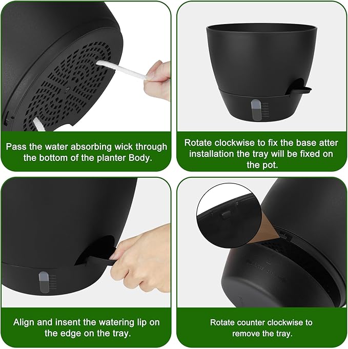 Self-Watering Plant Pots with Water Level Indicator, Drainage Holes & Saucers โ 12/10/9 Inch Large Plastic Planter Set for Indoor & Outdoor Plants (Pure Black)