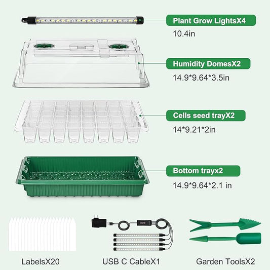 Seed Starter Tray with Timed Grow Light, 2 Pack 80 Cells Plant Starter Tray Seedling Starter Kit with Humidity Domes Base Indoor Mini Greenhouse Plant Germination Trays for Seeds Growing Starting