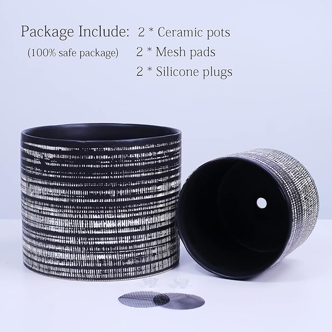 Plant Pots Indoor 2 Pack, 5 & 7 Inch Ceramic Planter Pots with Drainage Hole, Set of 2 Flower Pots - Herbs/Snake/Succulent/Orchid Cylinder Plant Pot(Black)
