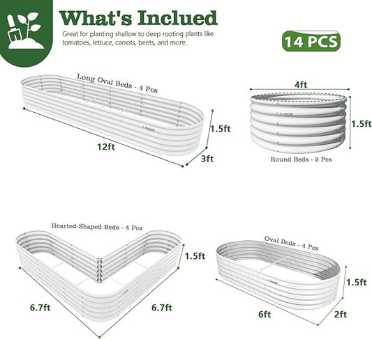 A ANLEOLIFE 14-Piece 18 Inch Tall Raised Garden Beds Kit, Heart-Shaped, Long Oval & Round Metal Planters – Ideal for Creative Garden Layouts, Antique White