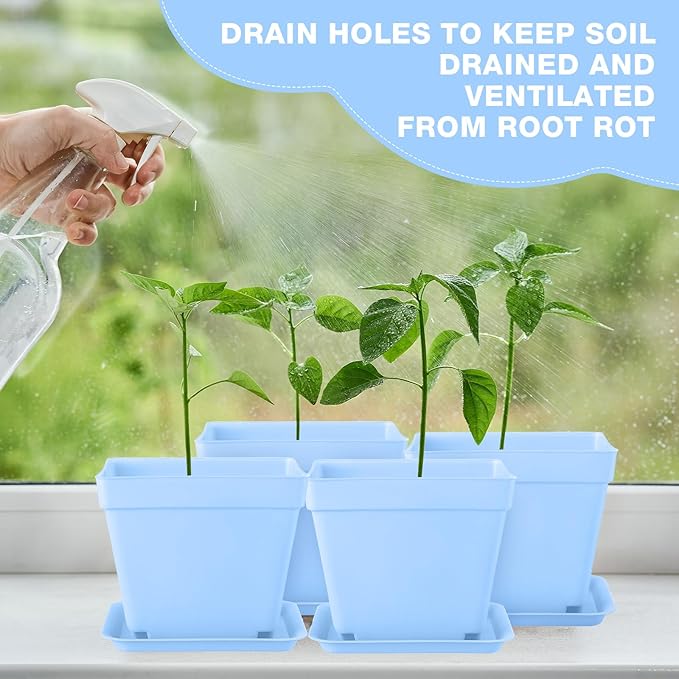 Amyhill 4 Inch Flower Pots Square Plants Nursery Pot Plastic Plant Seedling Pots Nursery Transplanting Planter Container with Saucer for Indoor Herbs Succulent Balcony Garden(Blue,100 Pcs)