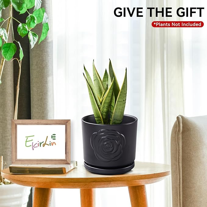 Ekirlin 7 inch Plant Pots,Ceramic Rose Flower Planters Indoor,Modern Succulents Containers with Drain Hole Saucer,Weatherproof Pot for Decorate Home,Office & Outdoor (Black)
