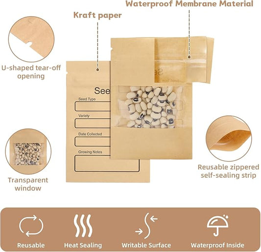 100 Pack Small Resealable Seed Envelopes with Clear Window, 3.15 x 4.72 Inch Brown Kraft Paper Seed Packets Envelopes with Preprinted Seed Collecting Template for Seed Storage, Seed Organizer