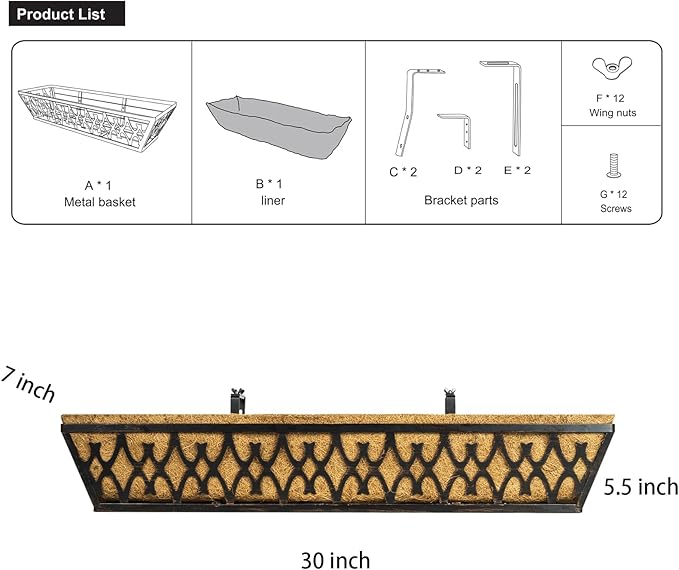2 Pack 30 Inch Window Boxes Planters Railing Planter Box with Adjustable Brackets for Porch Fence Patio Balcony Hanging Flower Baskets with Coco Liners for Outdoor Garden Décor - Bronze