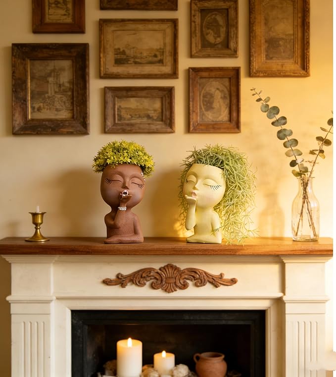 Smiley Face Flower Pot Head Planter for Indoor Outdoor Planter, Girl Statue Flower Pot, Cute Lady Plant Pot, Female Statue Vases with Faces,Succulent Garden Pot with Drainage, Brown